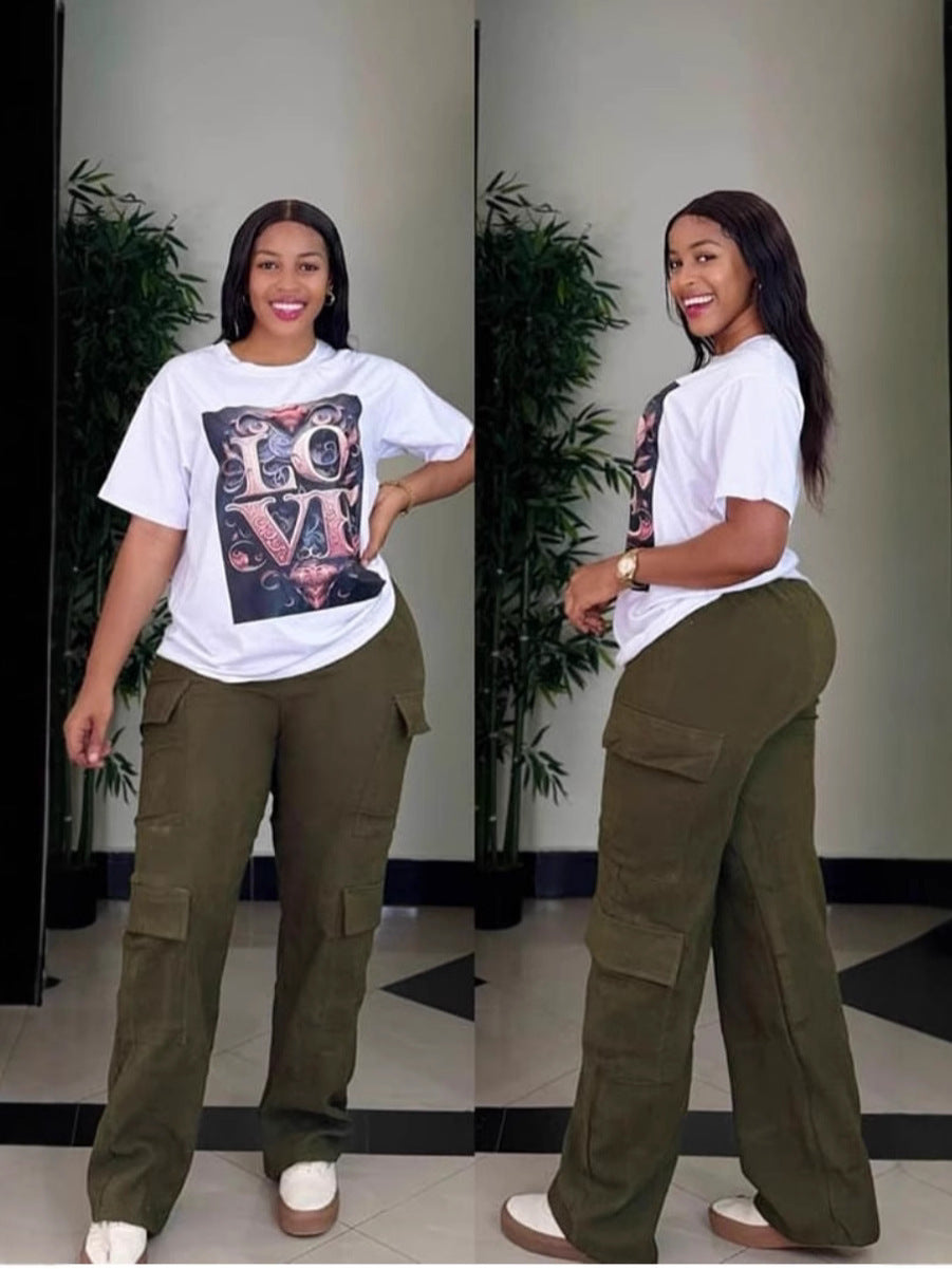 Simple Loose Pants Special Multi-bag Two-piece Set