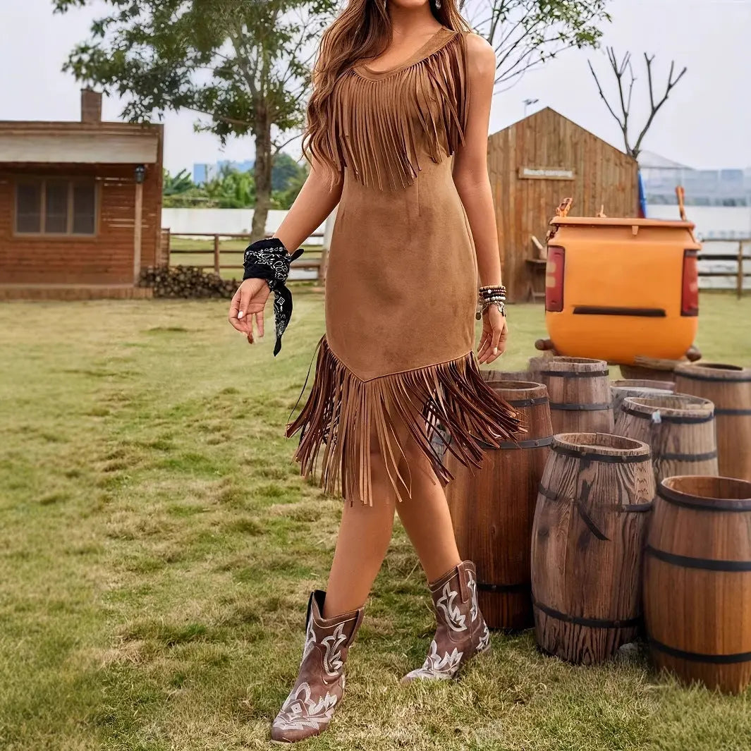 Women's Leisure Vacation Western Style Suede Subcutaneous Fringe Dress Beauty hair & fashionfj