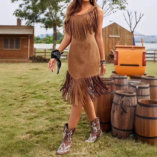 Women's Leisure Vacation Western Style Suede Subcutaneous Fringe Dress Beauty hair & fashionfj