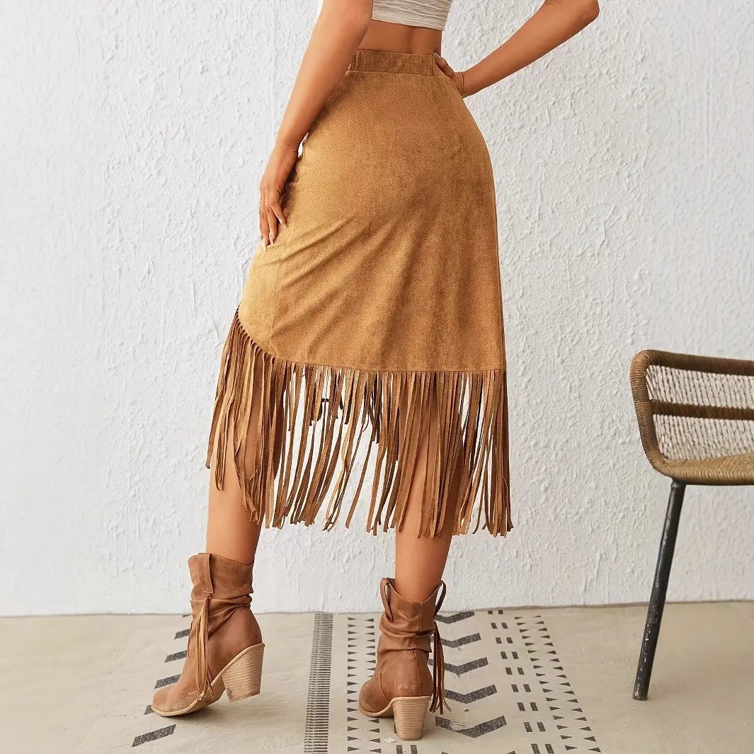 Women's Western Style Imitation Suede Fringe High Waisted A-line Skirt Beauty hair & fashionfj