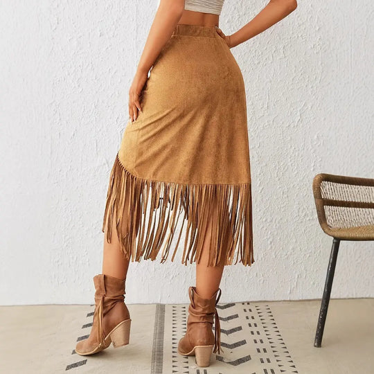 Women's Western Style Imitation Suede Fringe High Waisted A-line Skirt Beauty hair & fashionfj