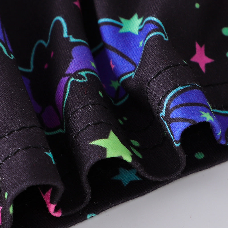 3pcs Toddler Girl's Halloween Dress Skull Ghost Bats Print Stretch Long Sleeve A-line Dresses