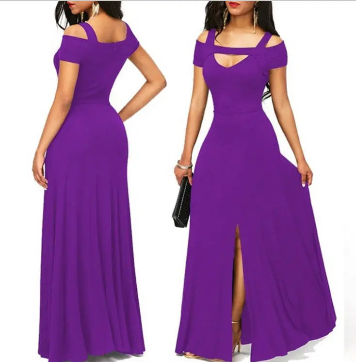 V-neck off-the-shoulder split long skirt Beauty hair & fashionfj