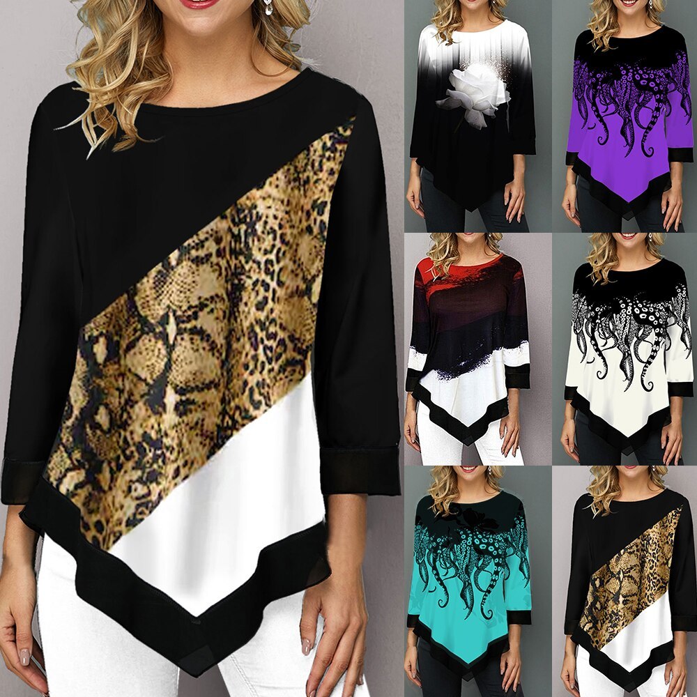 Printed stitching cropped sleeve T-shirt Beauty hair & fashionfj
