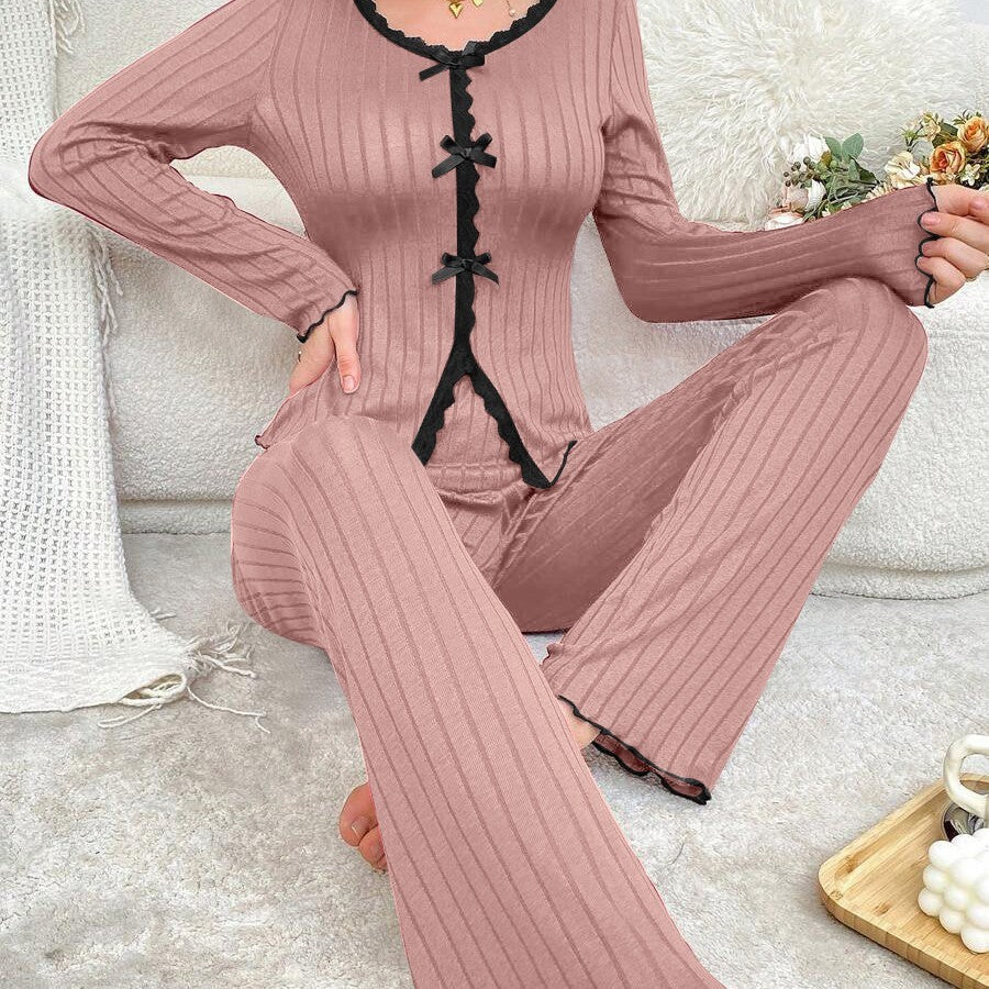 Long Sleeve Trousers Casual Homewear Lace Cardigan Suit Beauty hair & fashionfj