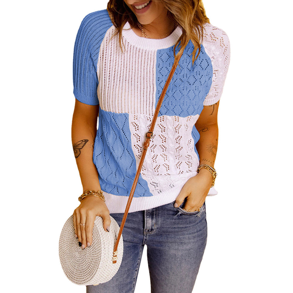 Fashion European American Summer New Color Block Knitted Short Sleeve T-shirt Top Knitwear Beauty hair & fashionfj
