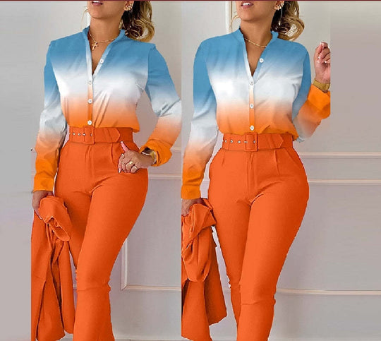 Women's Fashionable Printed Long-sleeved Shirt And Trousers Suit Beauty hair & fashionfj