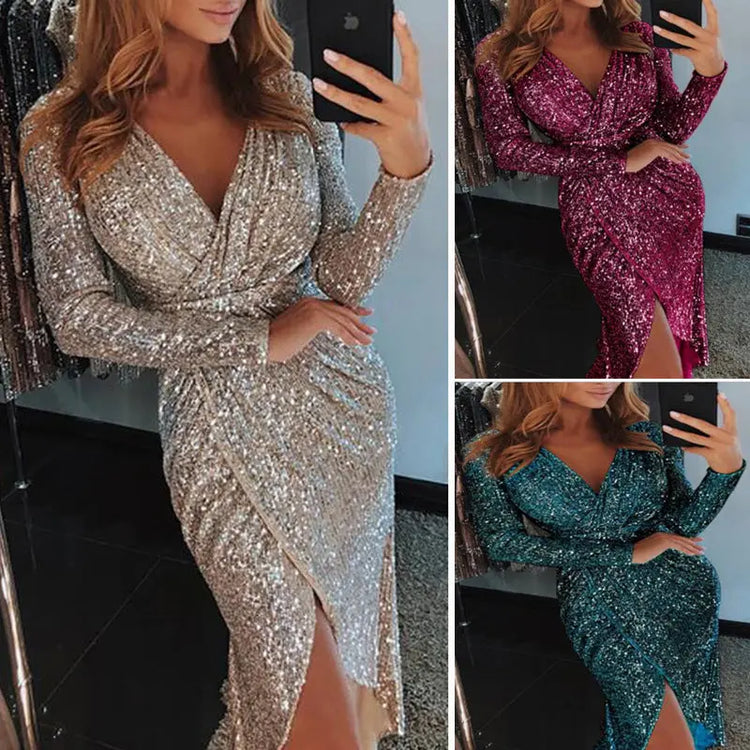 Sequined Collar Glittering Glitter Dress Dinner Sexy Dress Beauty hair & fashionfj