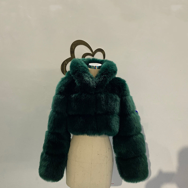 European And American Short Hooded Fur Coat