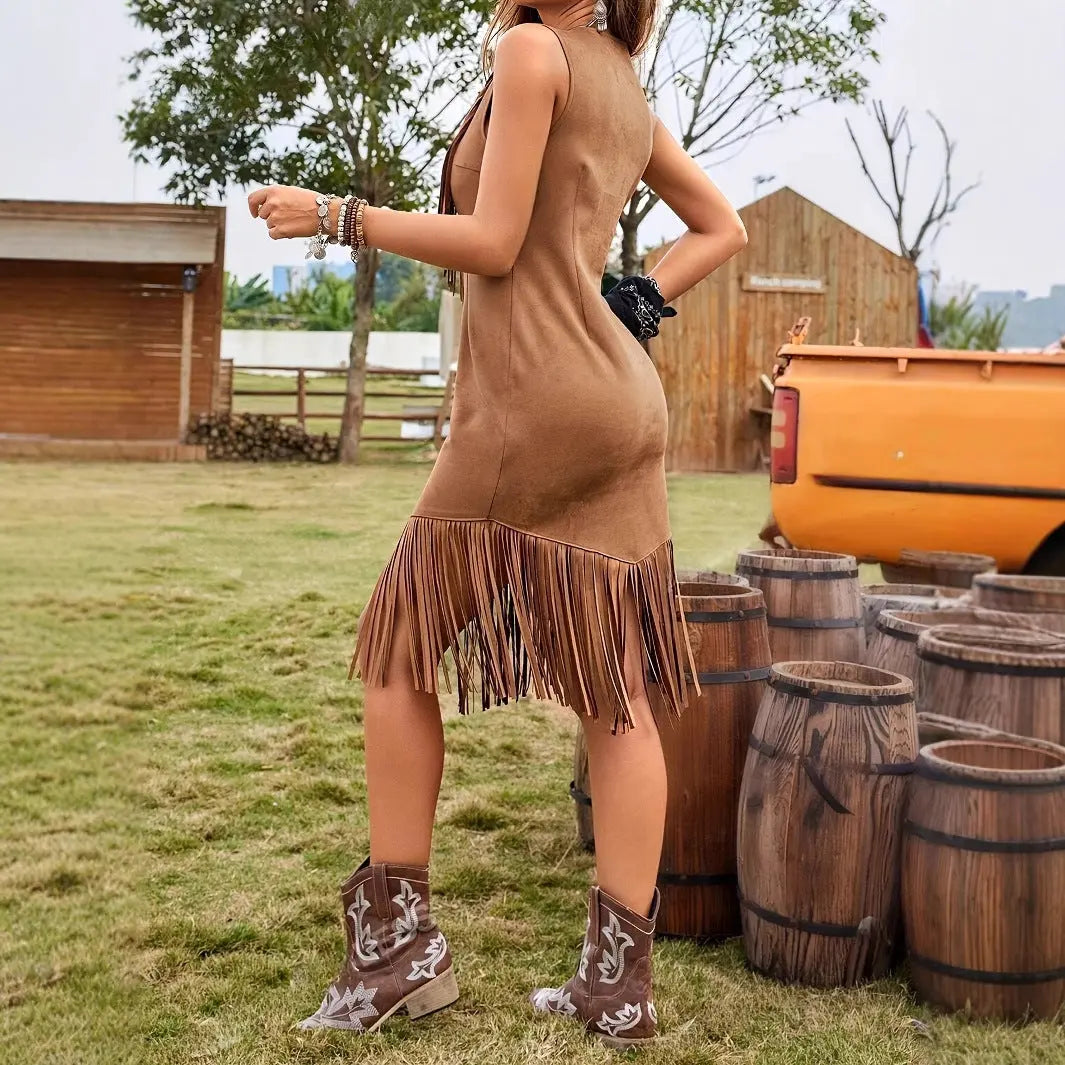 Women's Leisure Vacation Western Style Suede Subcutaneous Fringe Dress Beauty hair & fashionfj