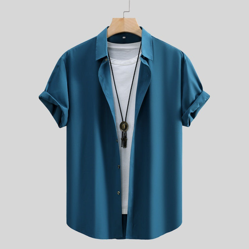 Men's Short-sleeved Shirt Solid Color Summer Beauty hair & fashionfj