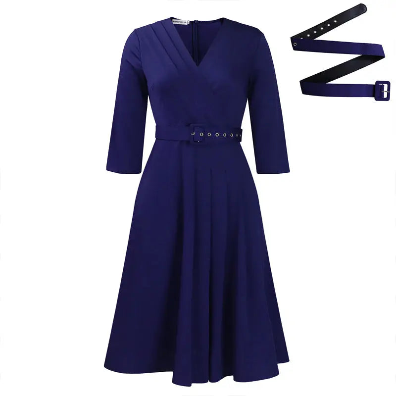 Women's Elegant V-Neck Cross-Wrap A-Line Dress With Belt & Ruffled Hem - Office & Casual Solid Dress For Spring&Summer Beauty hair & fashionfj