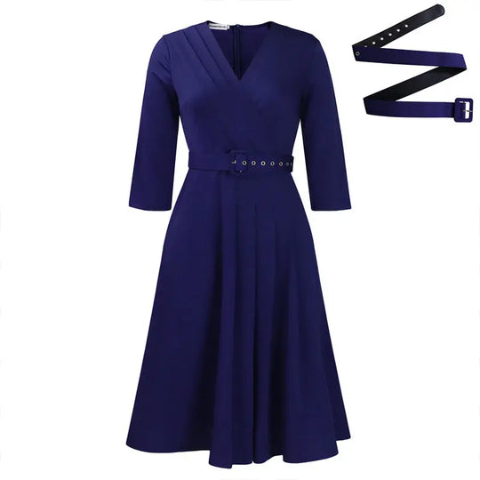 Women's Elegant V-Neck Cross-Wrap A-Line Dress With Belt & Ruffled Hem - Office & Casual Solid Dress For Spring&Summer Beauty hair & fashionfj