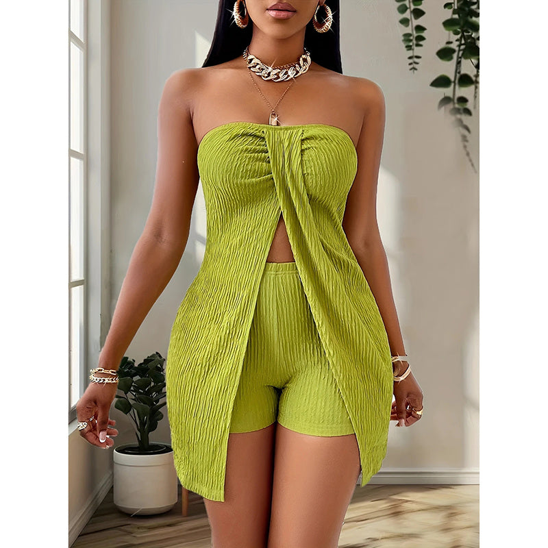 Women's 2 Piece Outfits Elegant Textured Strapless Ruched High Slit Tube Top And High Waist Skinny Shorts Shorts Set Beauty hair & fashionfj