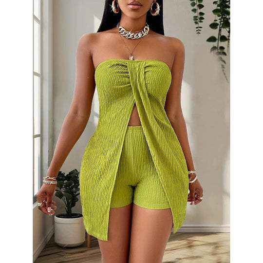 Women's 2 Piece Outfits Elegant Textured Strapless Ruched High Slit Tube Top And High Waist Skinny Shorts Shorts Set Beauty hair & fashionfj