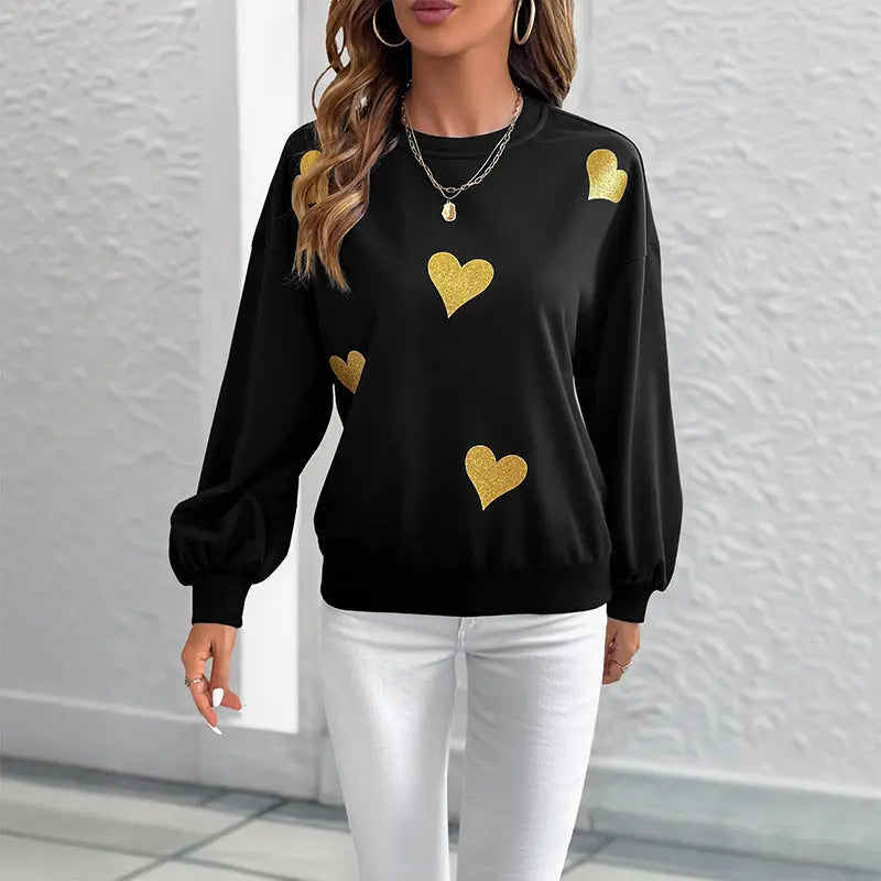 Women's Sweet Style Heart Printing Loose Round Neck Long Sleeve Sweater Beauty hair & fashionfj