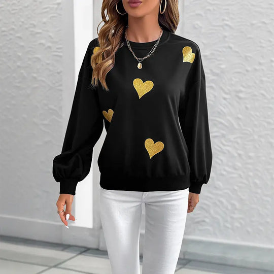 Women's Sweet Style Heart Printing Loose Round Neck Long Sleeve Sweater Beauty hair & fashionfj