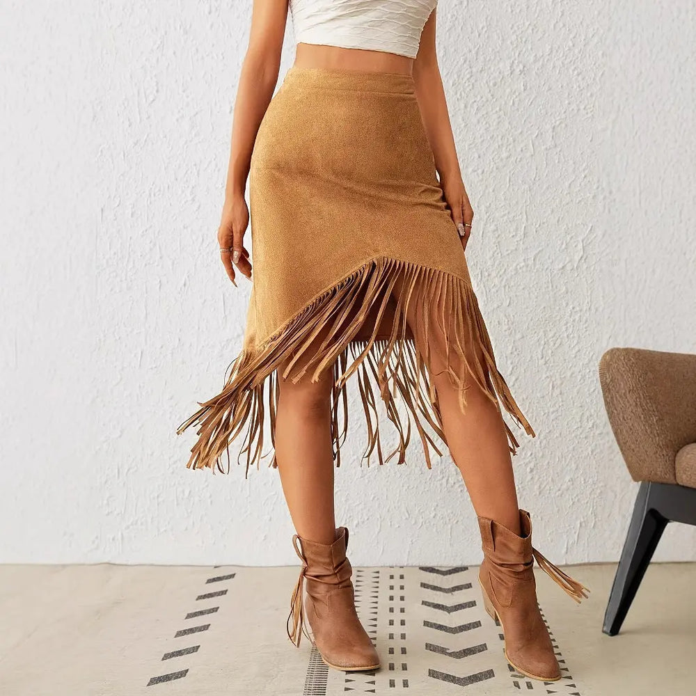 Women's Western Style Imitation Suede Fringe High Waisted A-line Skirt Beauty hair & fashionfj