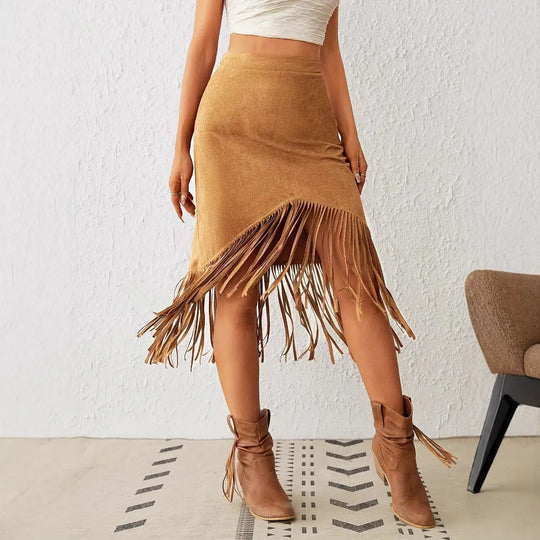 Women's Western Style Imitation Suede Fringe High Waisted A-line Skirt Beauty hair & fashionfj