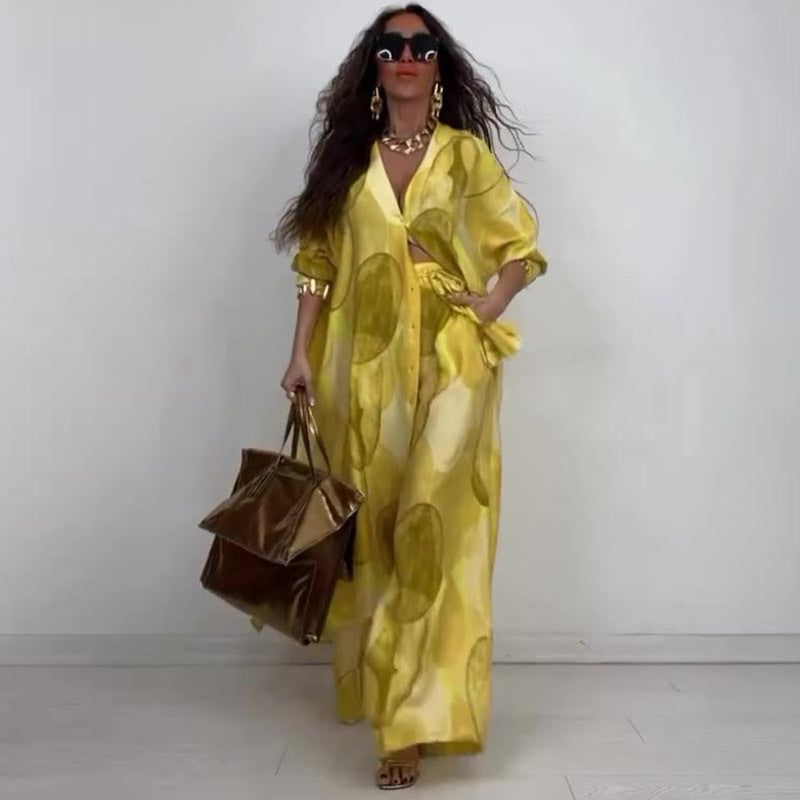 Elegant Sexy Fashion Print Top Wide Leg Pants Two-piece Set Beauty hair & fashionfj