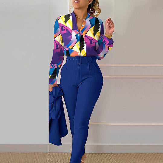 Women's Fashionable Printed Long-sleeved Shirt And Trousers Suit Beauty hair & fashionfj