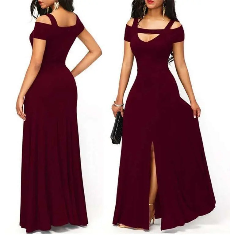 V-neck off-the-shoulder split long skirt Beauty hair & fashionfj