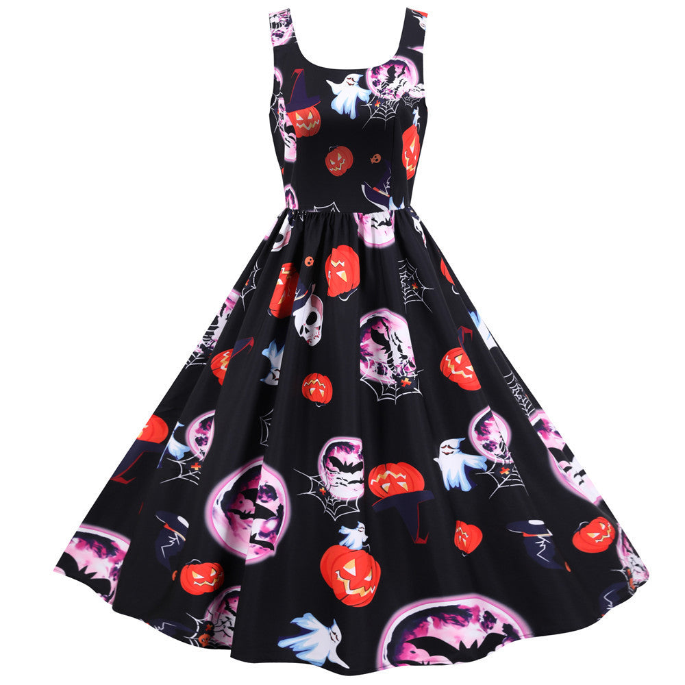 Halloween Rock And Roll Sleeveless Floral Dresses