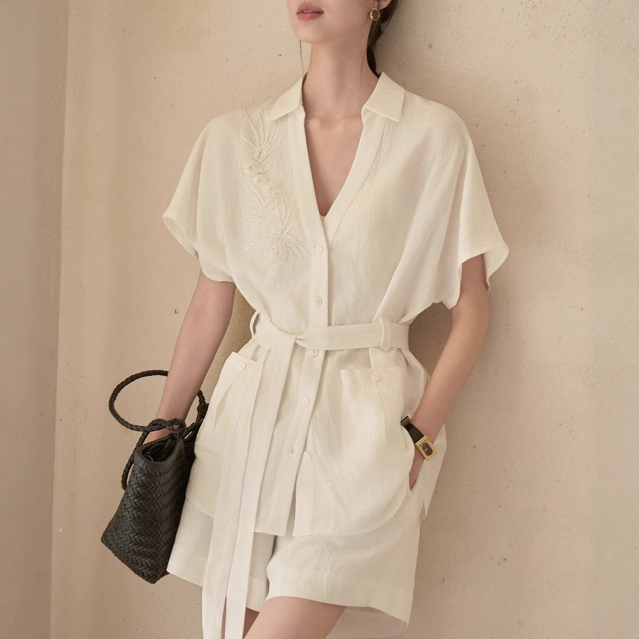 Imitation Cotton And Linen Texture Heavy Industry Short Sleeve Shirt Coat Shorts Suit Beauty hair & fashionfj