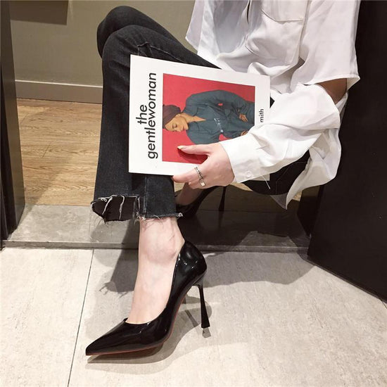 Womens Versatile Pointed-Toe Shallow-Pump Patent Leather High Heels