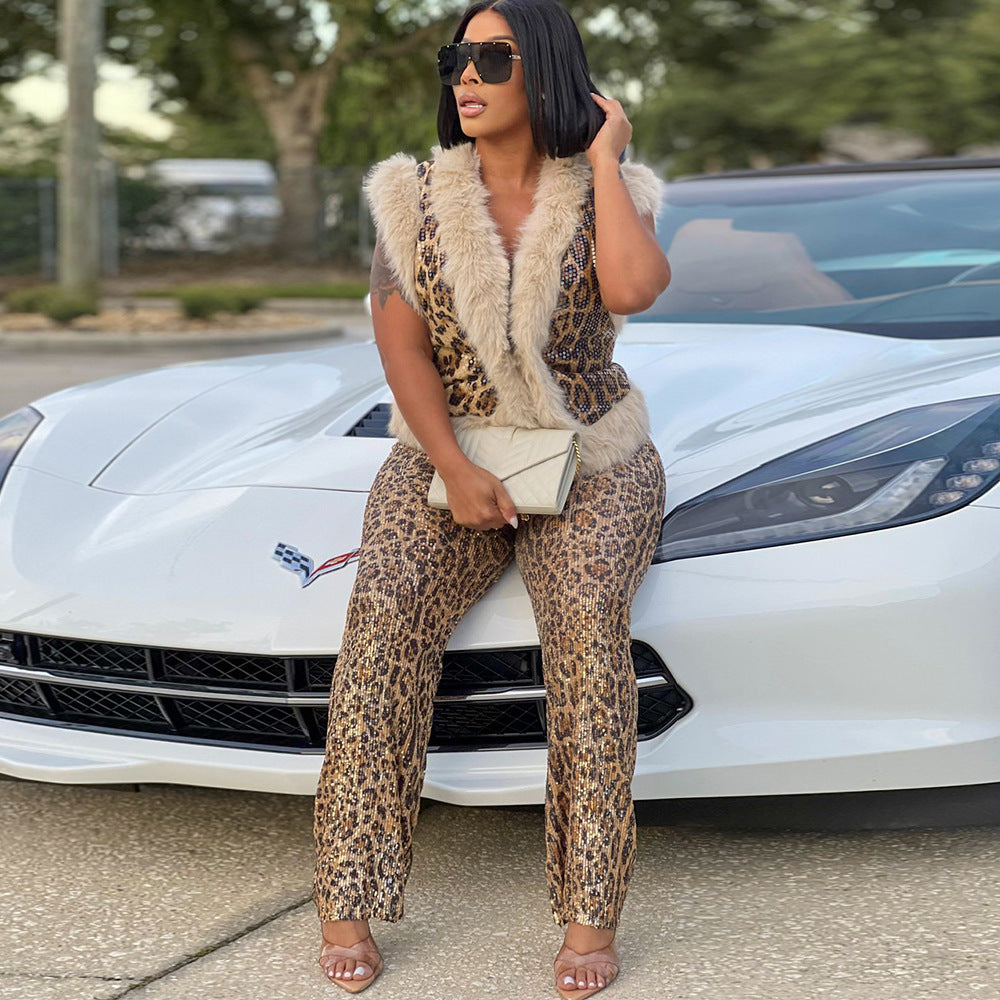 Women's Casual Leopard Print Sequined Two-piece Suit Beauty hair & fashionfj