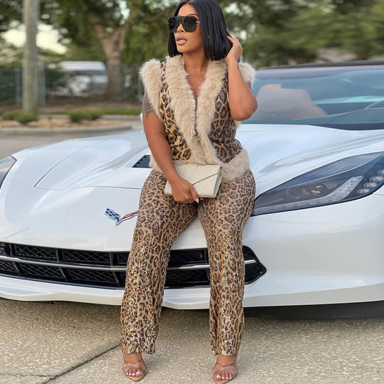 Women's Casual Leopard Print Sequined Two-piece Suit Beauty hair & fashionfj