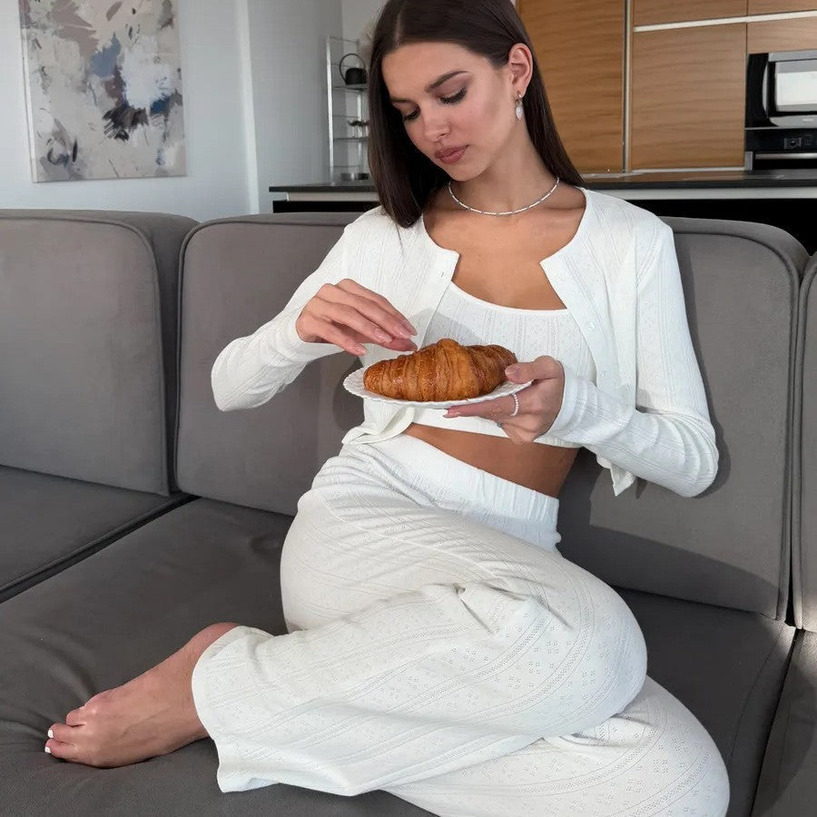 Cropped Knitted Cotton Jacquard Long-sleeved Trousers Cardigan Three-piece Set Beauty hair & fashionfj