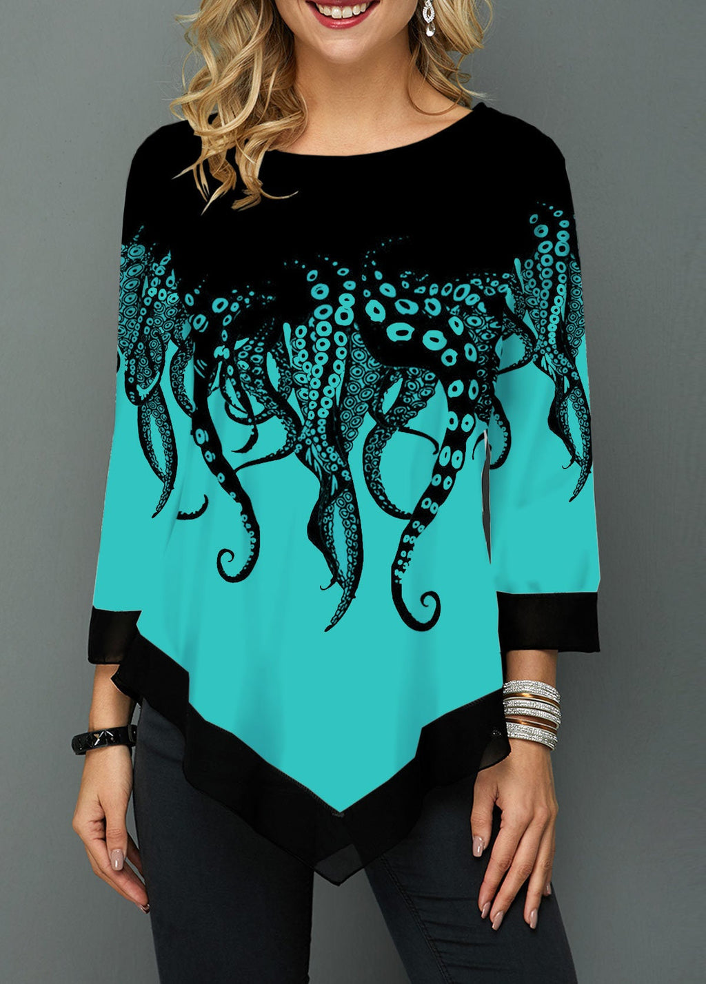 Printed stitching cropped sleeve T-shirt Beauty hair & fashionfj