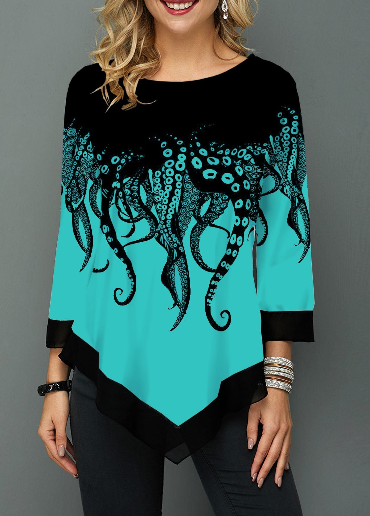 Printed stitching cropped sleeve T-shirt Beauty hair & fashionfj