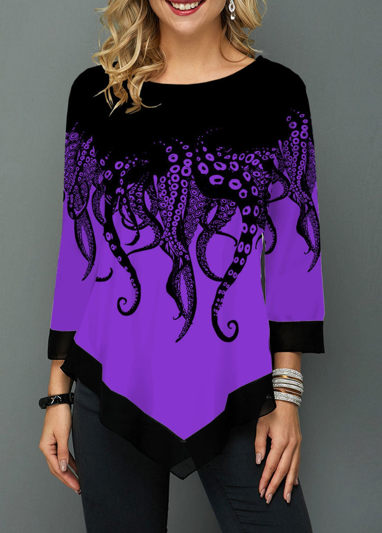 Printed stitching cropped sleeve T-shirt Beauty hair & fashionfj