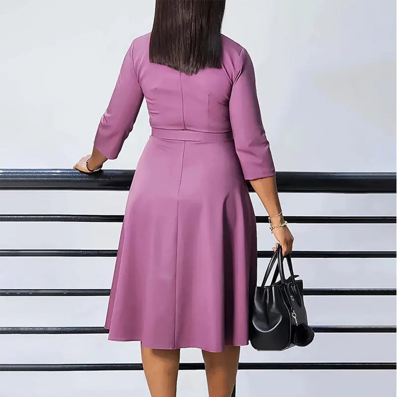 Women's Elegant V-Neck Cross-Wrap A-Line Dress With Belt & Ruffled Hem - Office & Casual Solid Dress For Spring&Summer Beauty hair & fashionfj