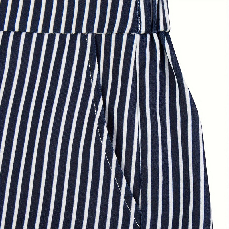 Women's Striped Print Casual Two-Piece Set Button-Up Long Sleeve Jacket & Shorts With Slant Pockets, Summer Fashion Outfit Beauty hair & fashionfj