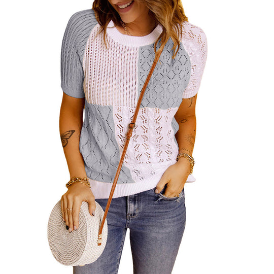 Fashion European American Summer New Color Block Knitted Short Sleeve T-shirt Top Knitwear Beauty hair & fashionfj