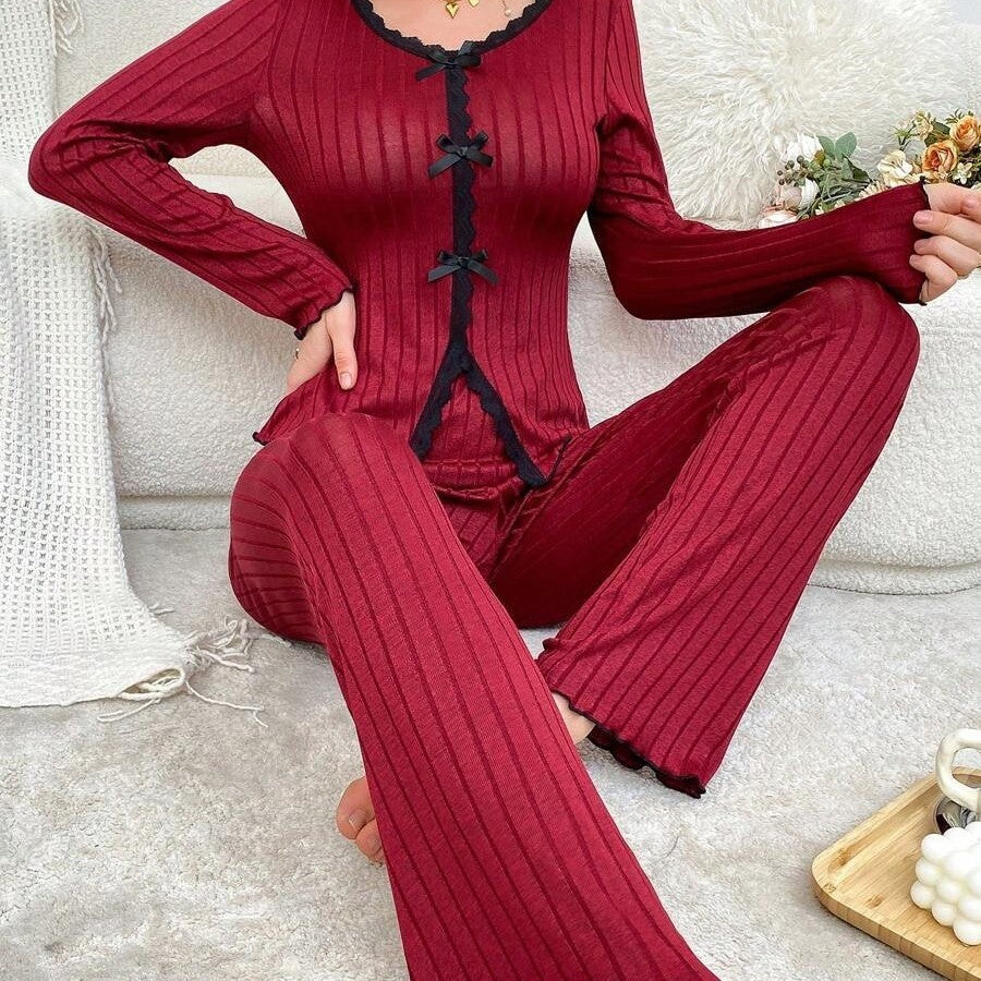 Long Sleeve Trousers Casual Homewear Lace Cardigan Suit Beauty hair & fashionfj