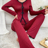 Long Sleeve Trousers Casual Homewear Lace Cardigan Suit Beauty hair & fashionfj