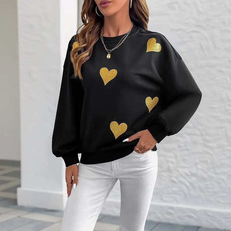 Women's Sweet Style Heart Printing Loose Round Neck Long Sleeve Sweater Beauty hair & fashionfj