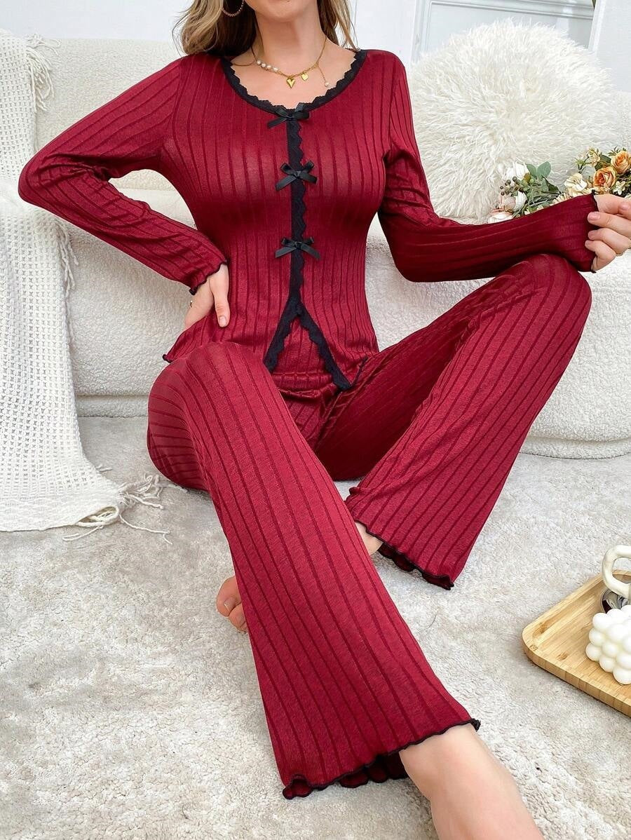 Long Sleeve Trousers Casual Homewear Lace Cardigan Suit Beauty hair & fashionfj