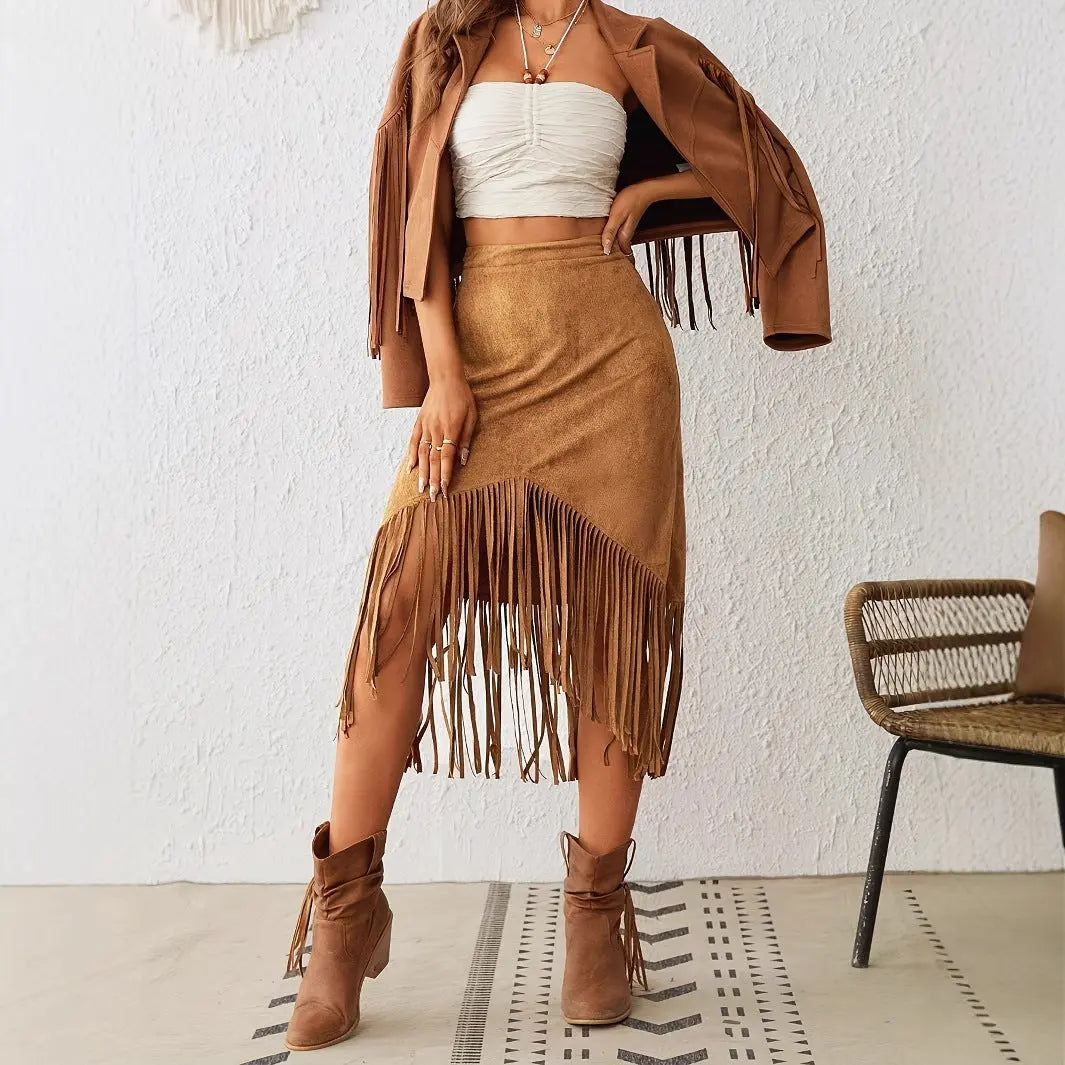 Women's Western Style Imitation Suede Fringe High Waisted A-line Skirt Beauty hair & fashionfj