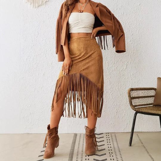 Women's Western Style Imitation Suede Fringe High Waisted A-line Skirt Beauty hair & fashionfj