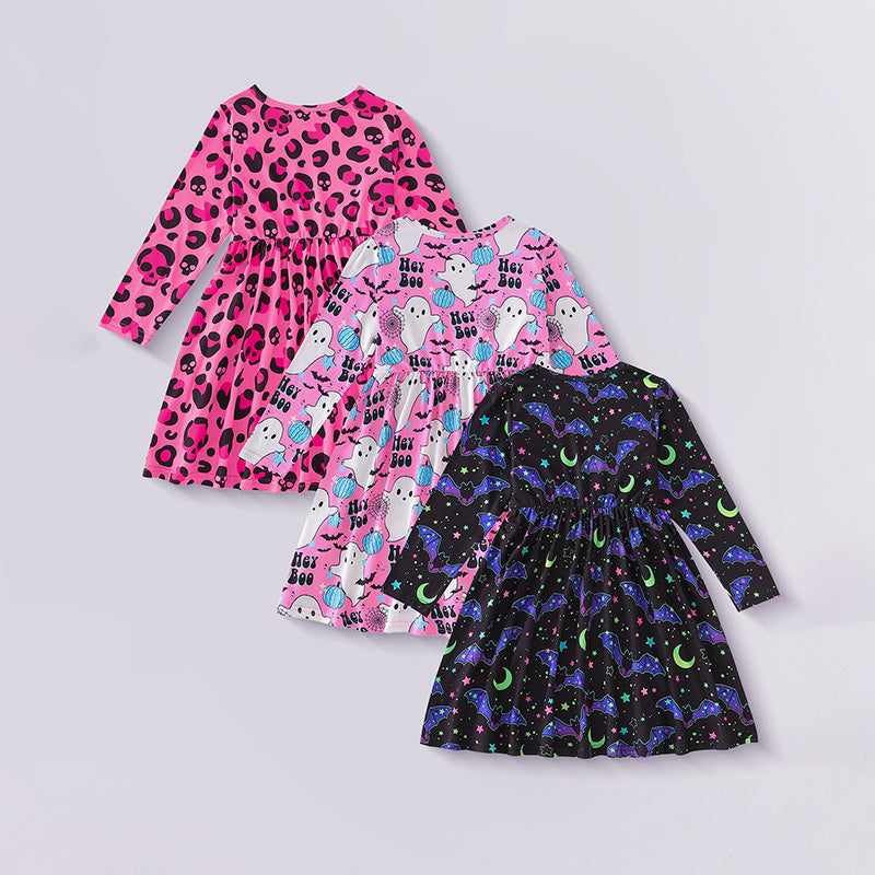 3pcs Toddler Girl's Halloween Dress Skull Ghost Bats Print Stretch Long Sleeve A-line Dresses