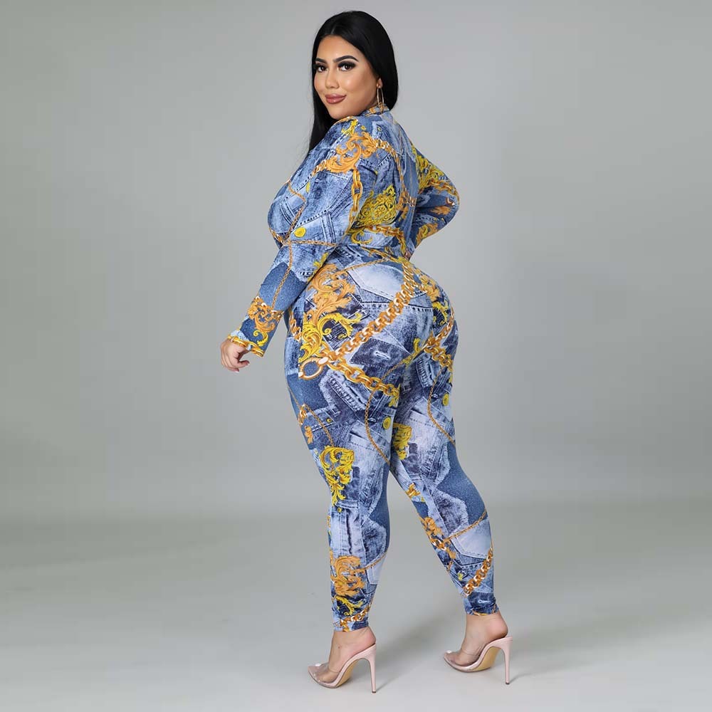 Plus Size Women's Autumn New Fashion V-neck Printed Shirt Trousers Suit Beauty hair & fashionfj