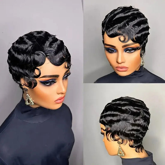 Short Finger Wave Wig Human Hair Wig For Women 99J Burgundy Brown Short Ocean Wave Wig Pixie Cut Wigs for Woman Natural Color Beauty hair & fashionfj