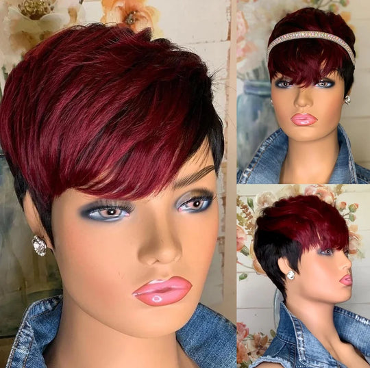 WIGERA Highlight Synthetic Short Straight Pixie Cut Hair Bob Wig Ombre Honey Blonde Mix Black Bronw Layered Hair Wigs For Woman