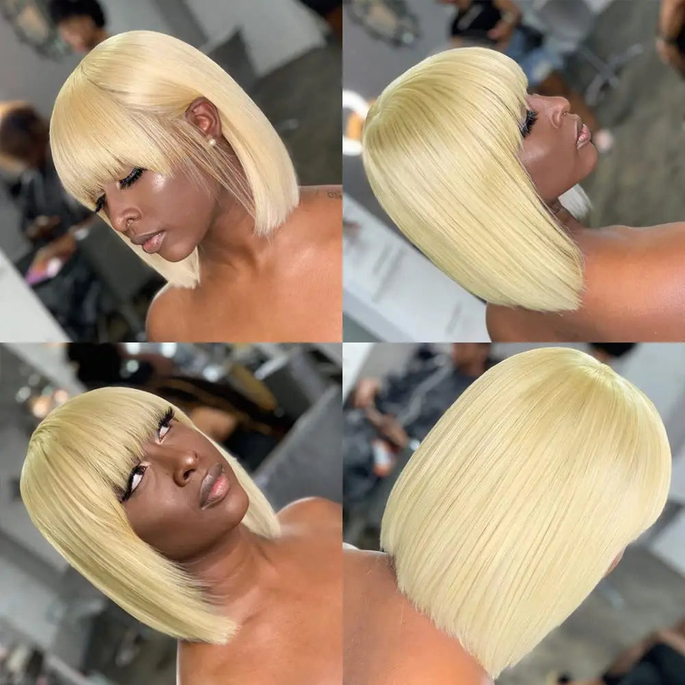 Straight Short Bob Wig With Bangs 613 Blonde Color Wigs 100% Brazilian Virgin Human Hair Wigs 13X4 HD Lace Front Wig For Women
