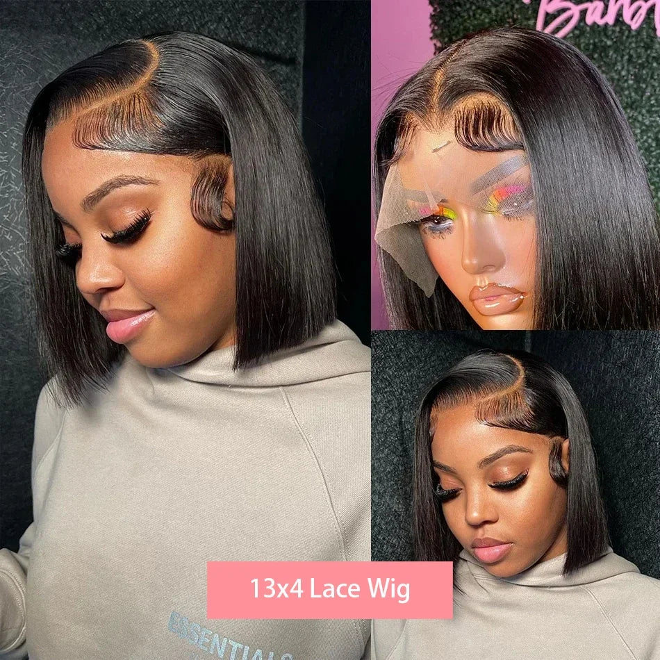 Brazilian 250% Short Bob Wig 13x4 HD Transparent Lace Front Bone Straight Lace Frontal Wig Human Hair 4x4 Closure Wigs For Women
